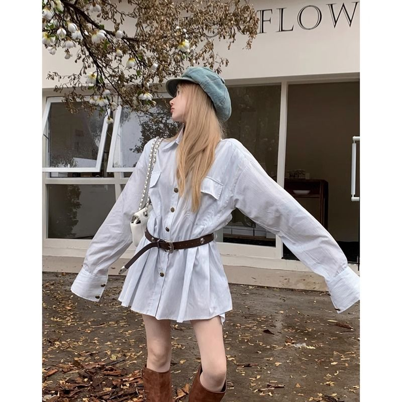 寬鬆韓版polo領襯衫連衣裙女秋季設計感長袖襯衣裙子收腰a字短裙