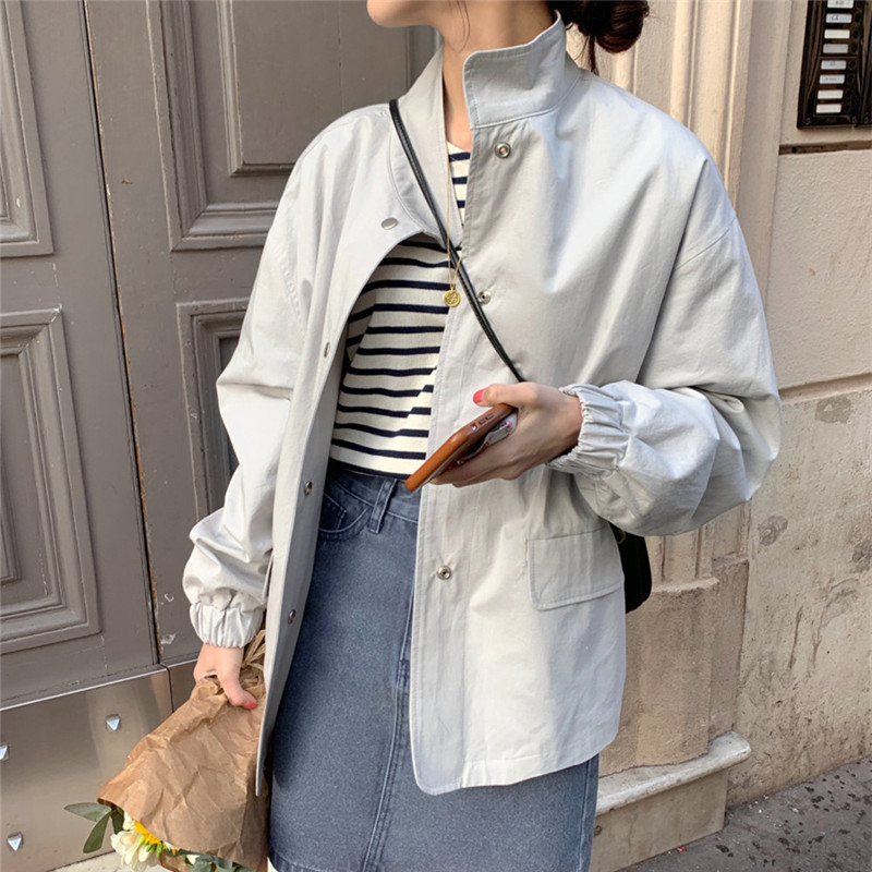 Simple small stand-up collar solid color work jacket tops for women 2023 autumn and winter Korean style cotton jacket casual coat