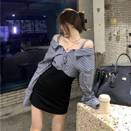 One-shoulder shirt dress women's early autumn design niche  new hot girl sexy hip-covering short skirt