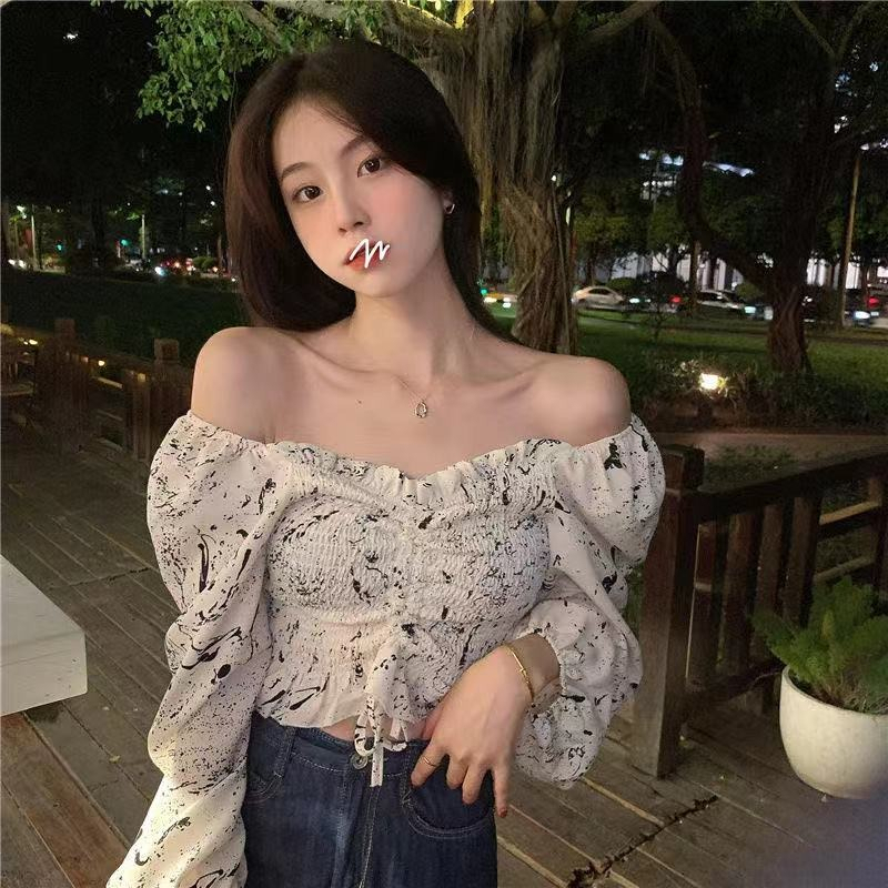 扎染襯衫女設計感小眾2023年夏季新款港味一字肩短款長袖襯衣上衣