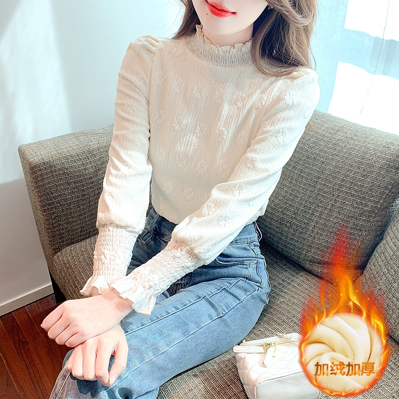 時尚半高領加絨加厚蕾絲打底衫女冬季2023新款洋氣保暖內搭小衫