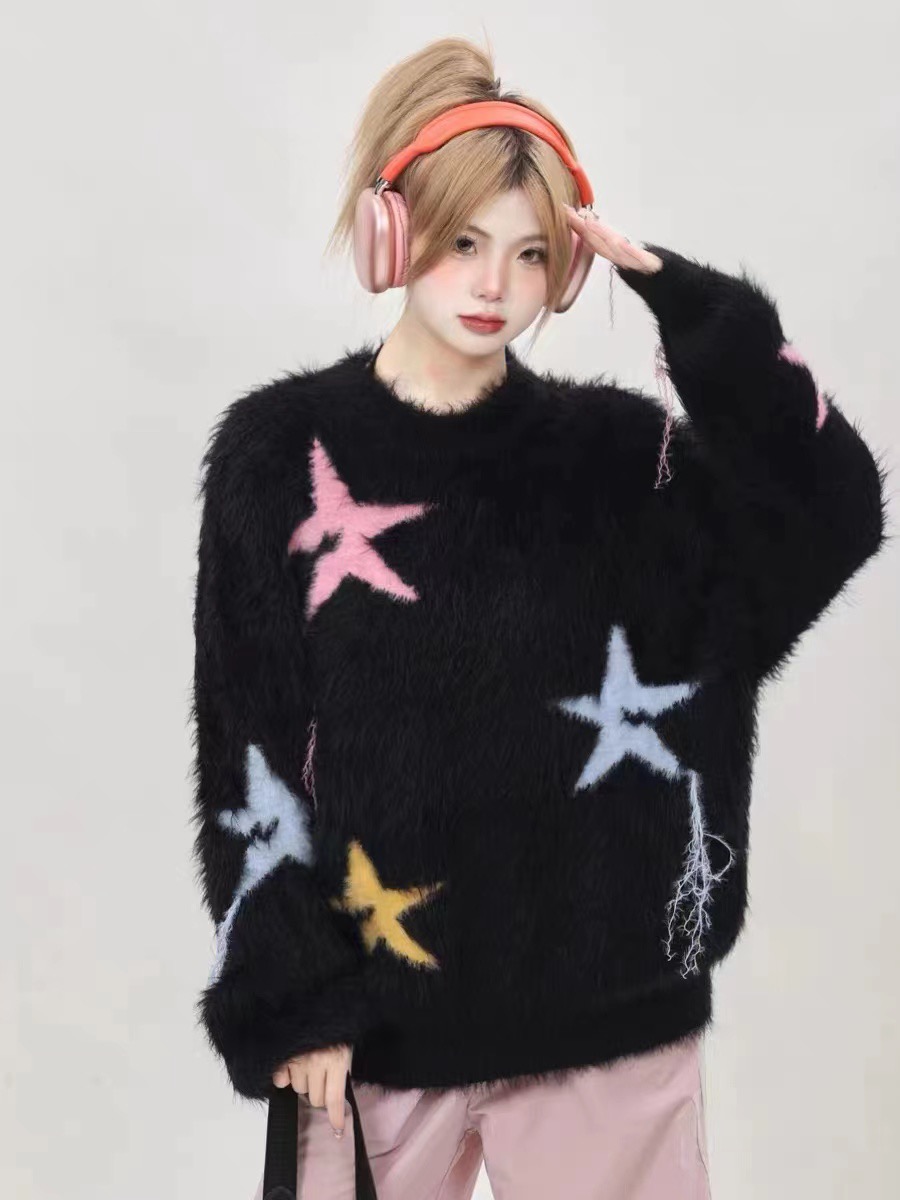 慵懶風寬鬆星星提花仿貂毛毛衣女秋冬2023新款圓領套頭針織衫上衣