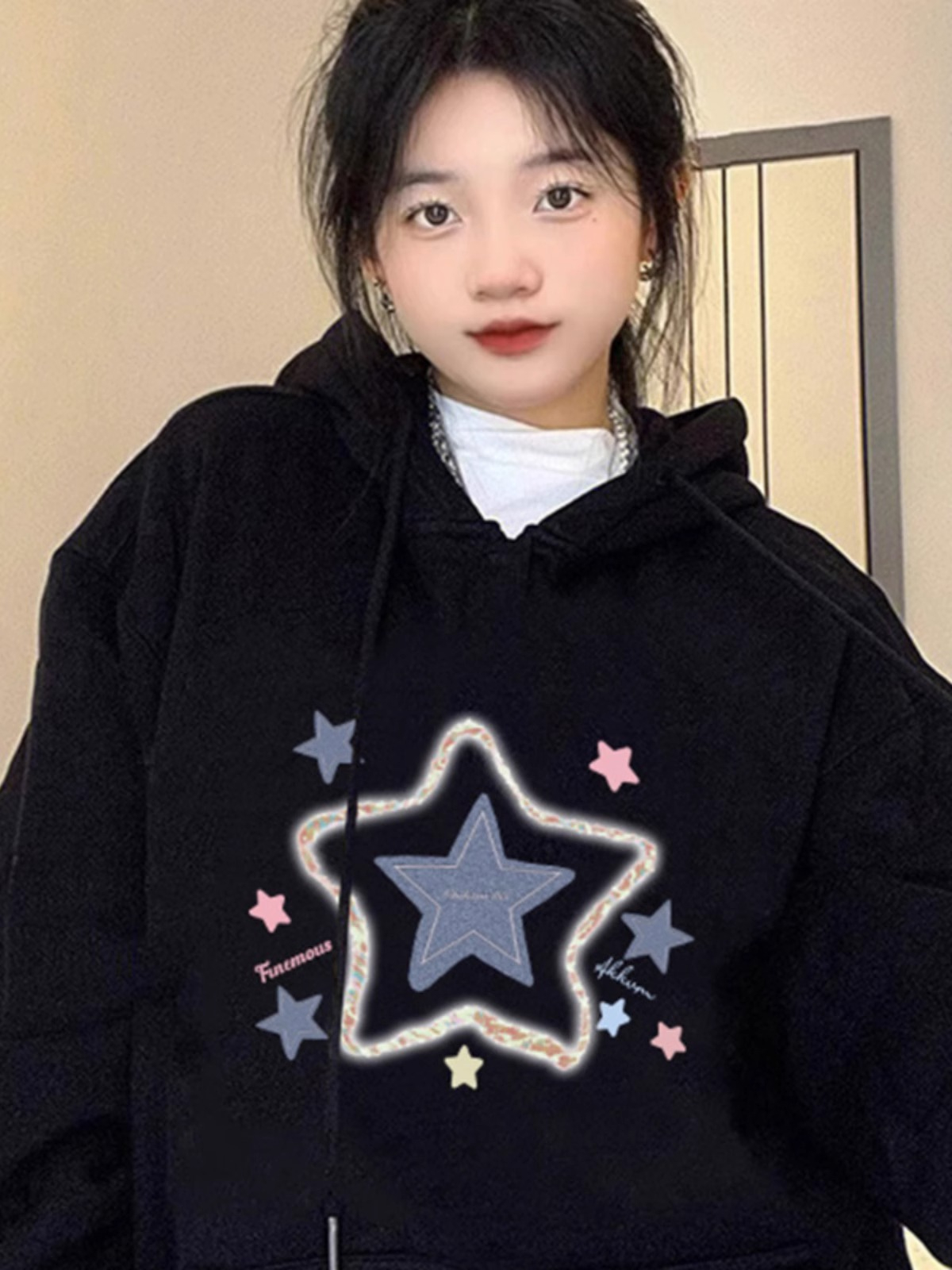 CVC cotton pasta wool Chinese cotton composite/milk silk 320g silver fox velvet 400g front printed hooded sweatshirt for women