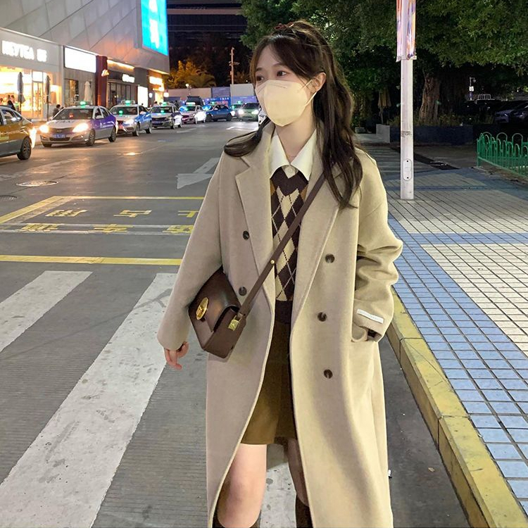 英倫赫本風秋冬新款毛呢外套女高級感毛呢大衣小個子中長款韓系女