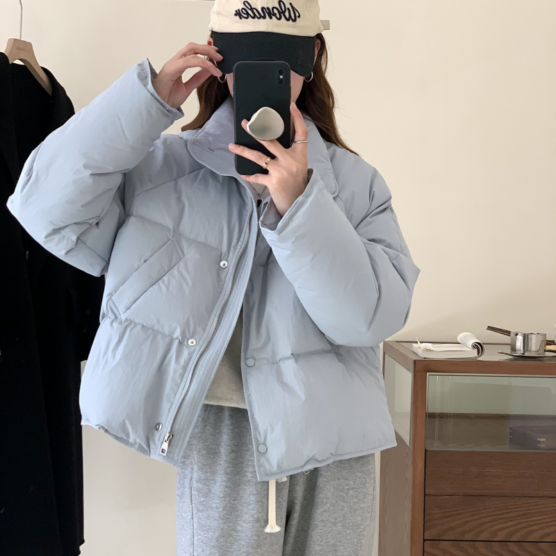 藍色短款奶呼呼羽絨服女2023年新款小個子韓版加厚顯瘦棉衣外套