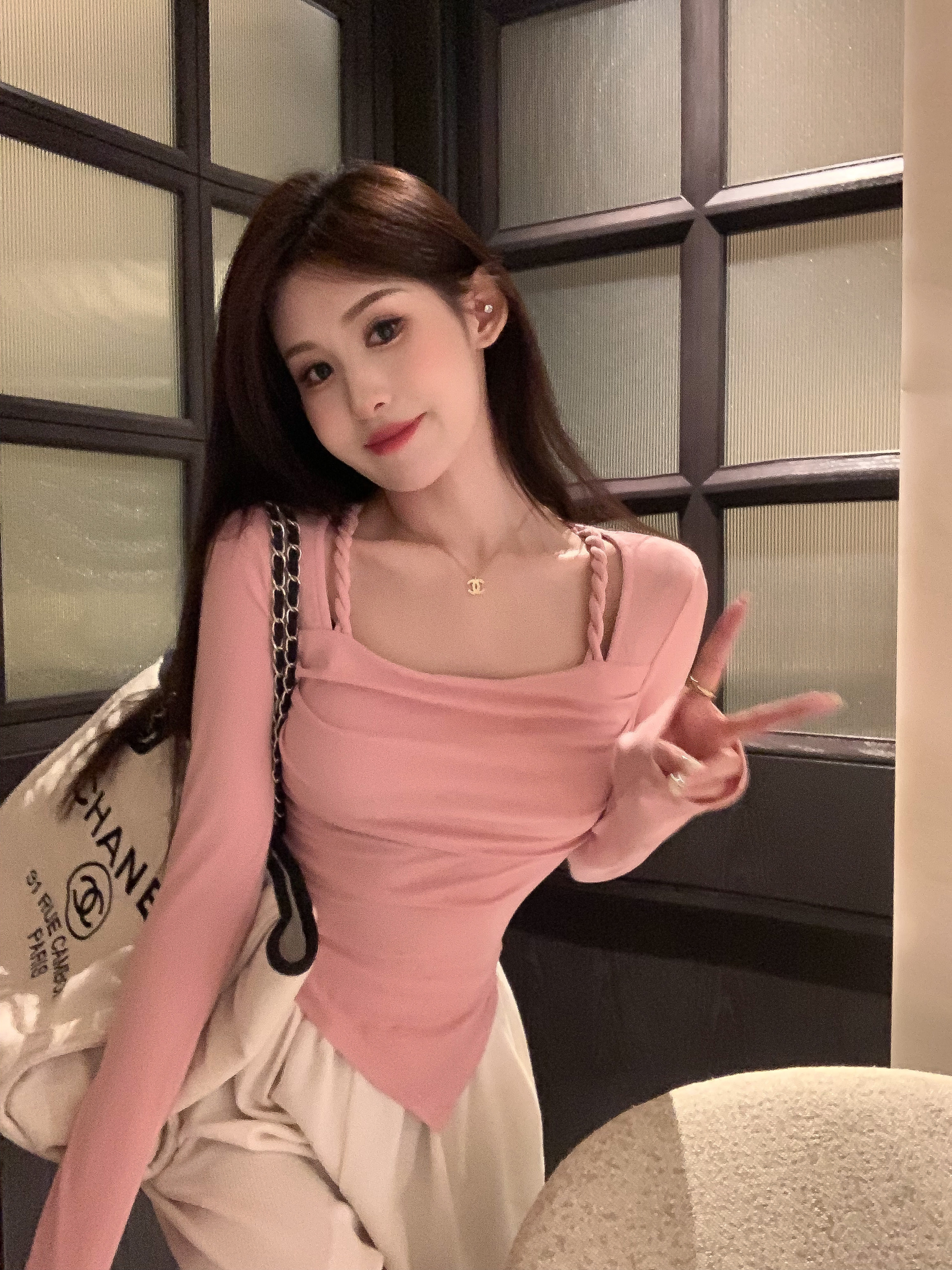 實拍～ 假兩件長袖t恤女設計感修身不規則打底衫甜辣妹上衣