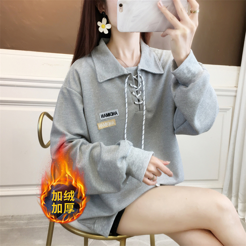 實拍加絨加厚華夫格後包領2023冬季polo領衛衣女加絨加厚外貿批發