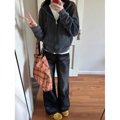 Women's thin short hooded athletic jacket in American black and gray, 2023 spring and winter long sleeve cardigan sweatshirt for petite size