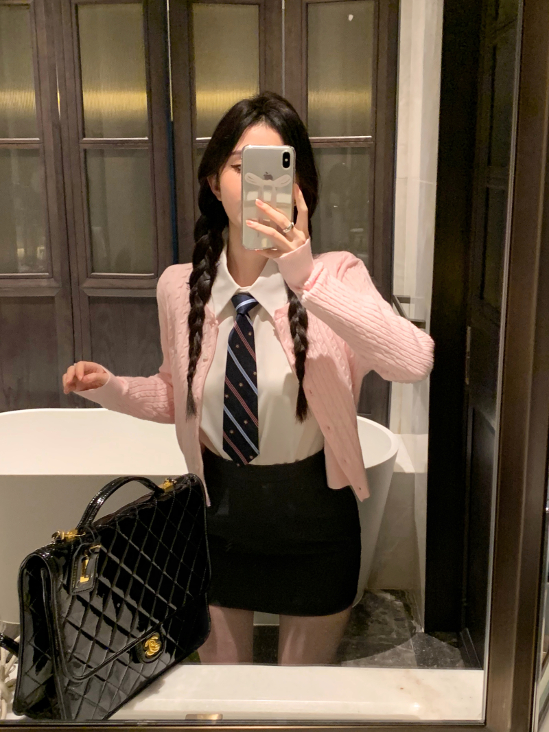 實拍 淺粉色針織開衫毛衣外套學院風套裝女