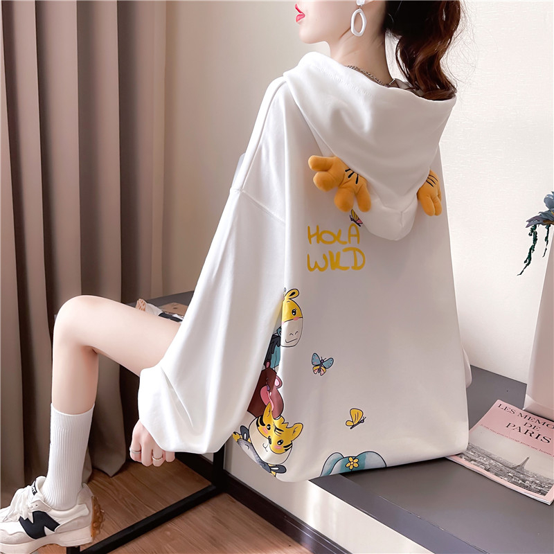 Actual shot of autumn Korean style loose hooded three-dimensional decorative mid-length plus size women's thin sweatshirt for women
