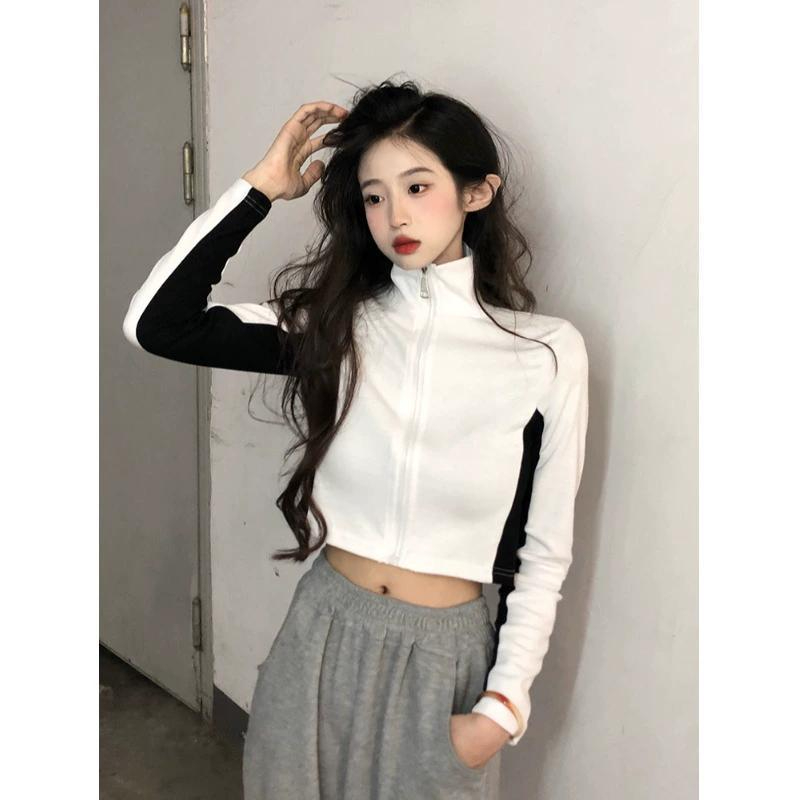 純欲風拼色立領短款外套女秋季2023新款休閒運動洋氣修身顯瘦上衣