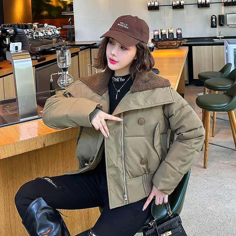 實拍羊羔毛領冬季韓版新款棉服女寬鬆時尚休閒棉衣加厚麵包服外套