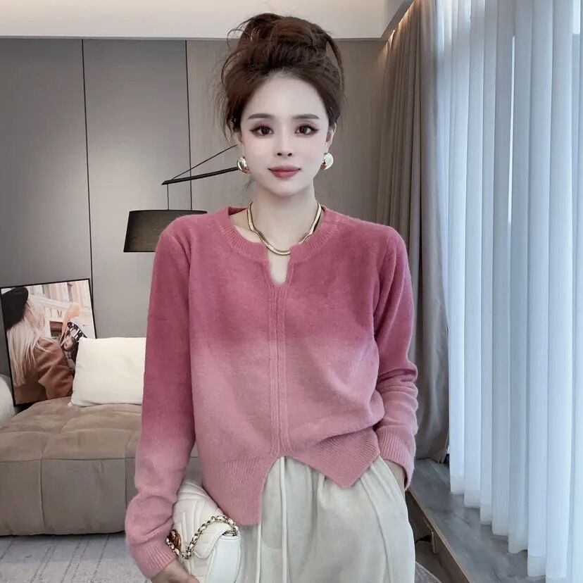 女士秋款撞色拼接秋款時尚百搭毛衣針織衫寬鬆休閒圓領套頭打底衫