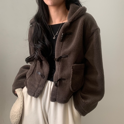 韩国chic秋冬气质学生皮毛一体百搭牛角扣羊羔毛加厚棉衣外套女