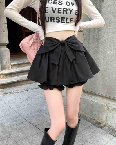 Bow skirt women's anti-exposure culottes high waist hot girl fluffy A-line skirt short skirt