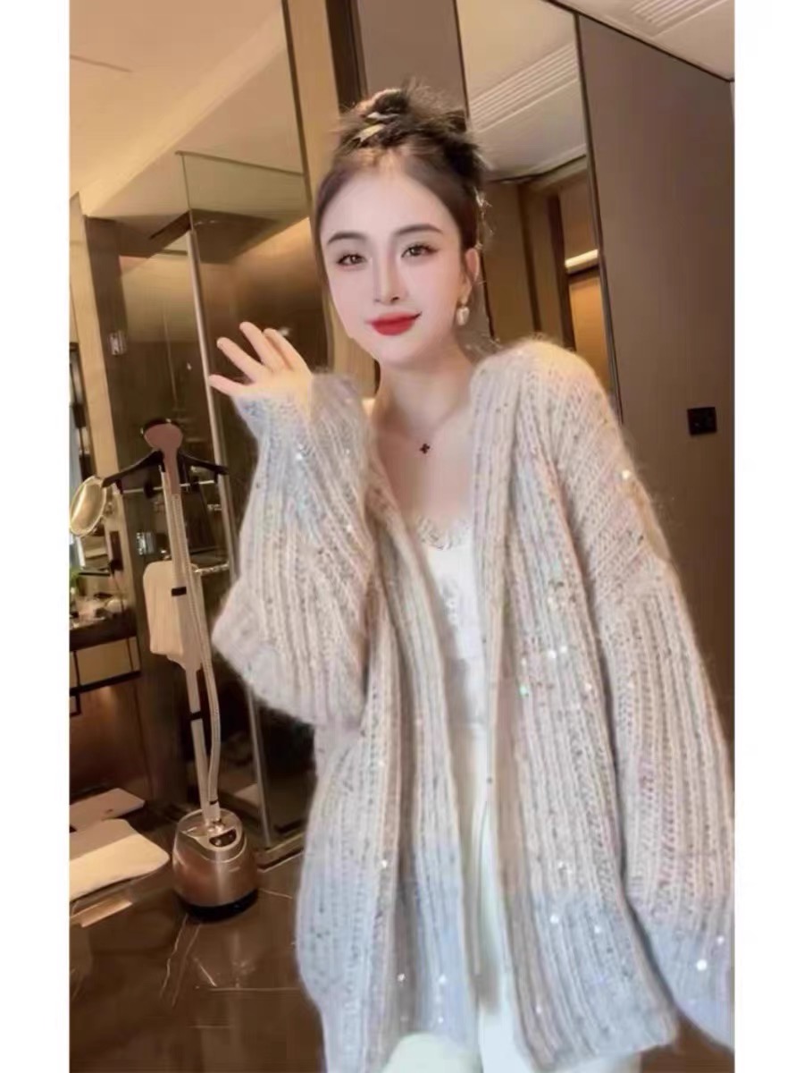 Design heavy sequin gradient hooded sweater jacket women's autumn and winter new 2023 lazy soft waxy knitted cardigan