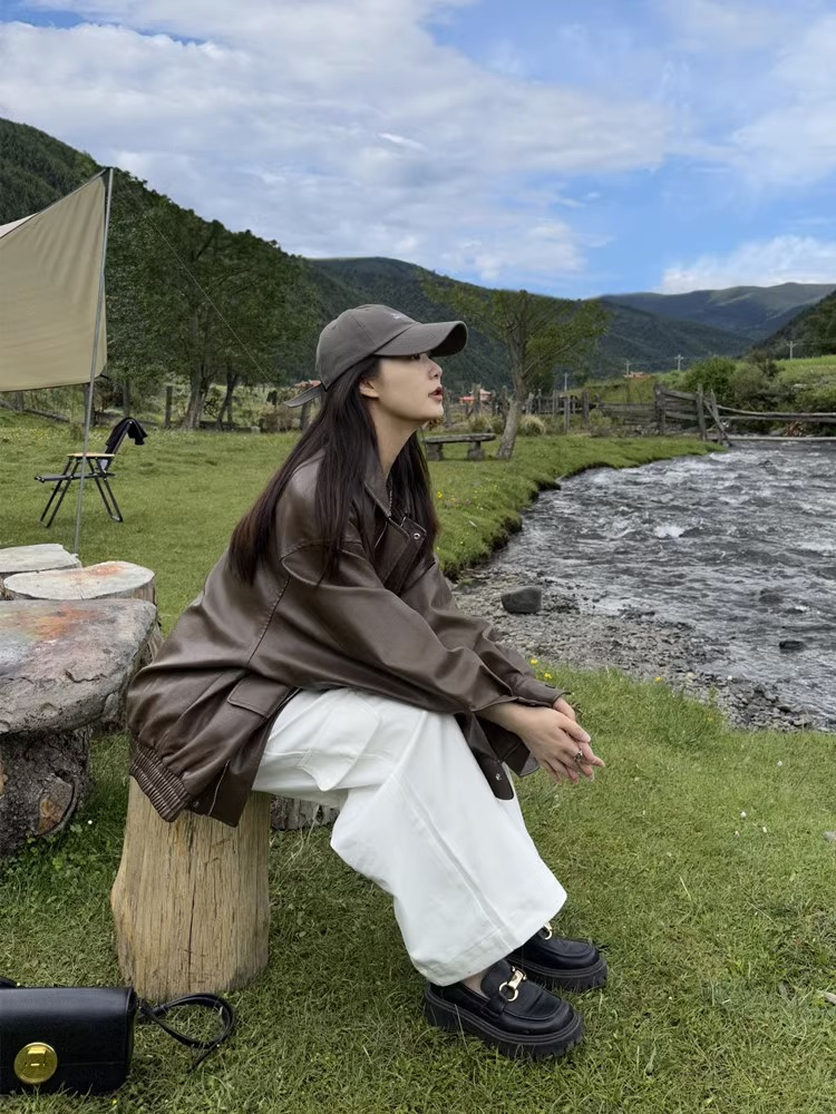 皮衣女外套春秋美式復古棕色設計感皮夾克機車美拉德穿搭
