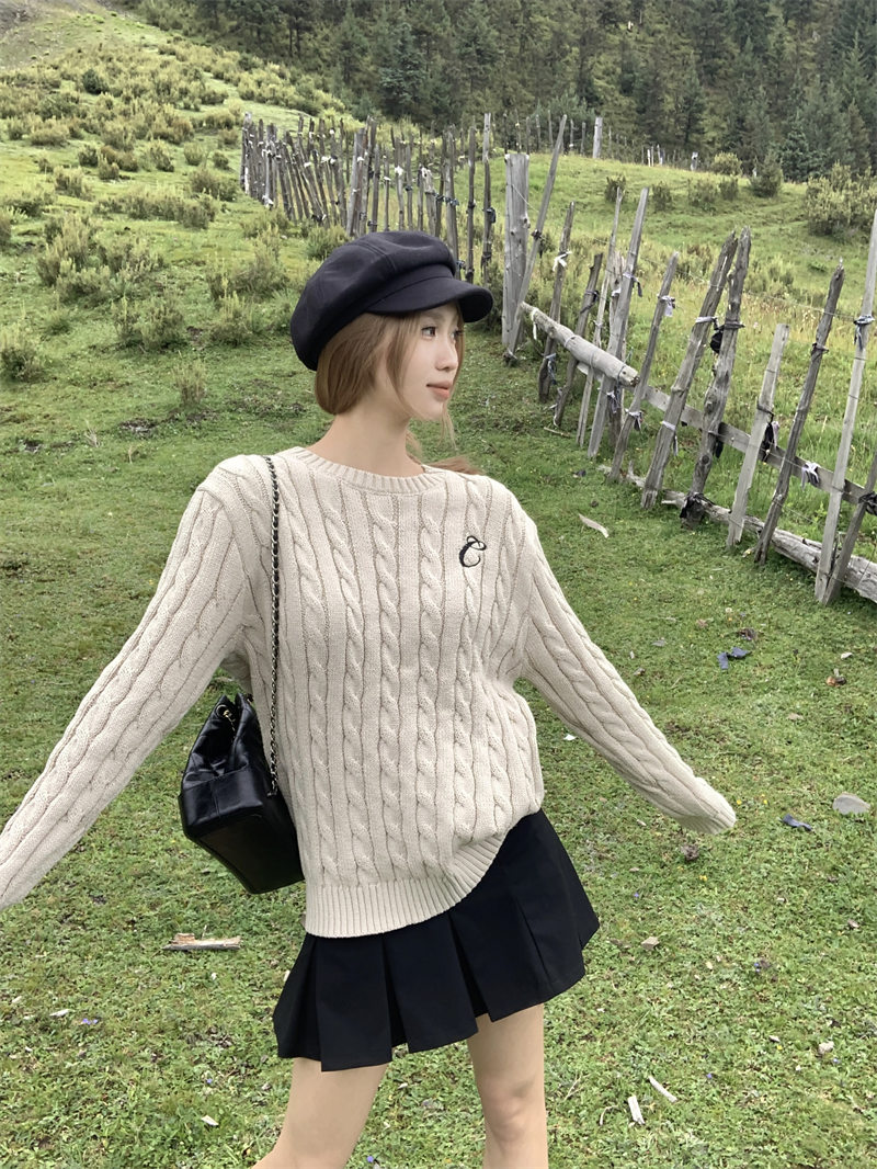 實拍~ 韓系小眾設計感軟糯圓領套頭麻花針織毛衣