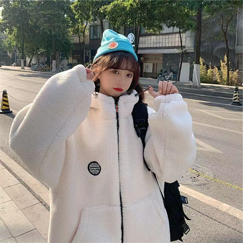 300克羊羔絨+繡花連帽羊羔毛外套女秋冬oversize棉服加厚潮