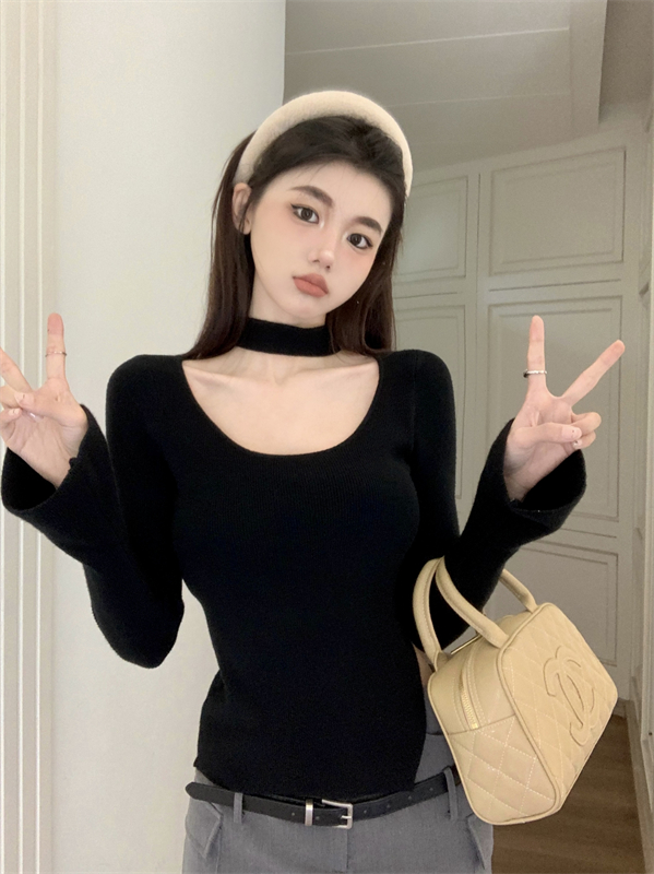 實拍純欲甜美圓領長袖T恤秋冬修身顯瘦設計感開叉針織打底衫