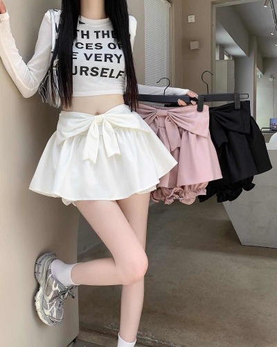 Bow skirt women's anti-exposure culottes high waist hot girl fluffy A-line skirt short skirt