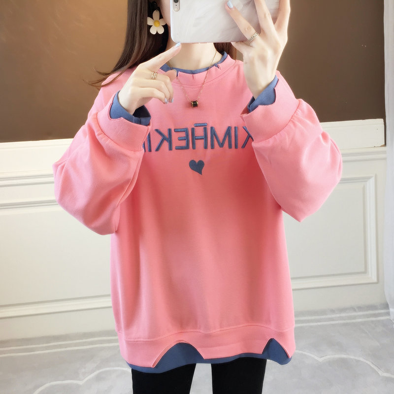 實拍複合330克加絨加厚假兩件衛衣女字母減齡秋冬網紅