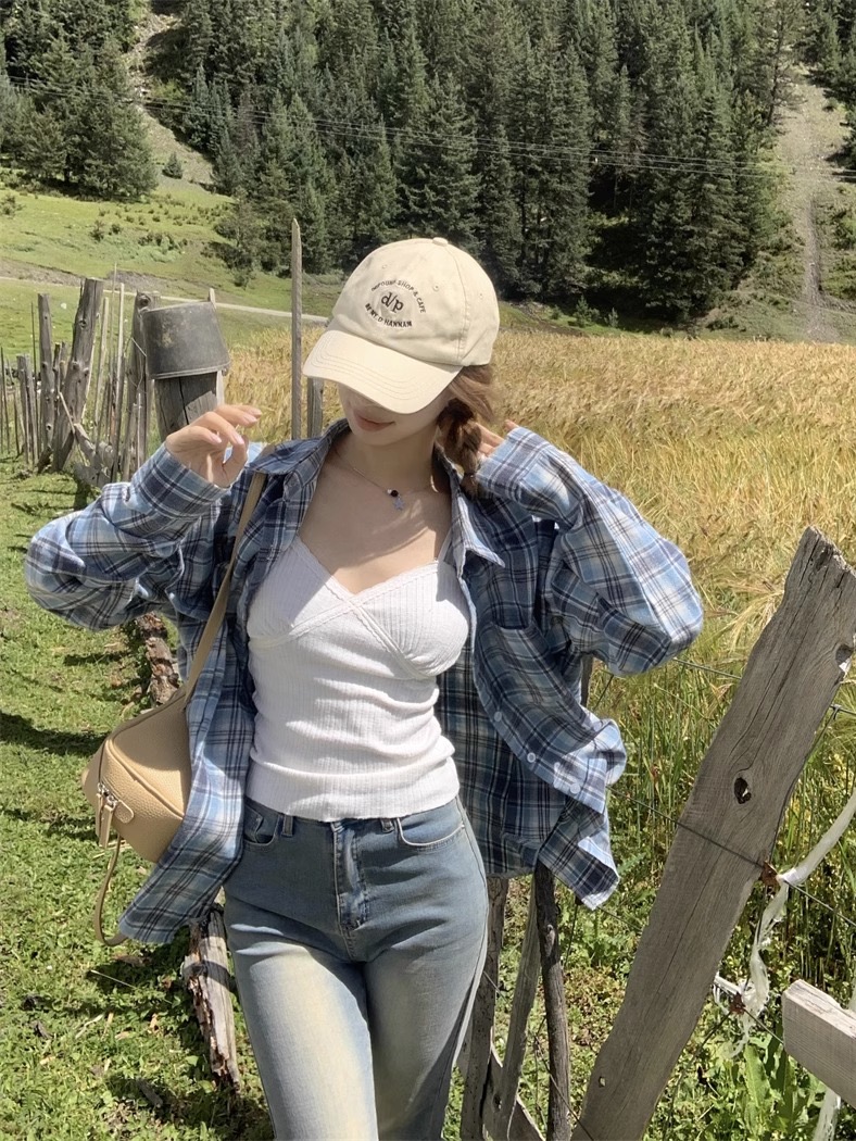 Ghost Horse Girl bm blue plaid loose long-sleeved shirt women's mid-length sun protection jacket