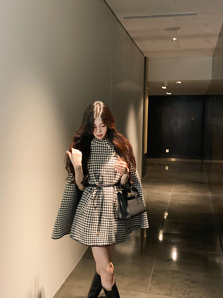 實拍 財閥斗篷 復古氣質優雅千鳥格時髦百搭收腰大衣外套女
