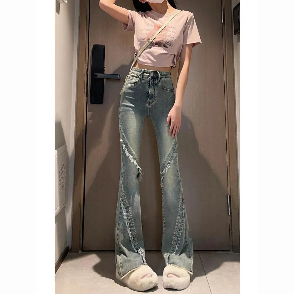 流蘇微喇牛仔褲女春秋款2023年新款百搭顯瘦高腰馬蹄褲毛邊喇叭褲