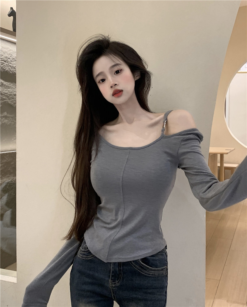實拍~大U領單肩袋設計秋季修身顯瘦套頭打底長袖上衣女