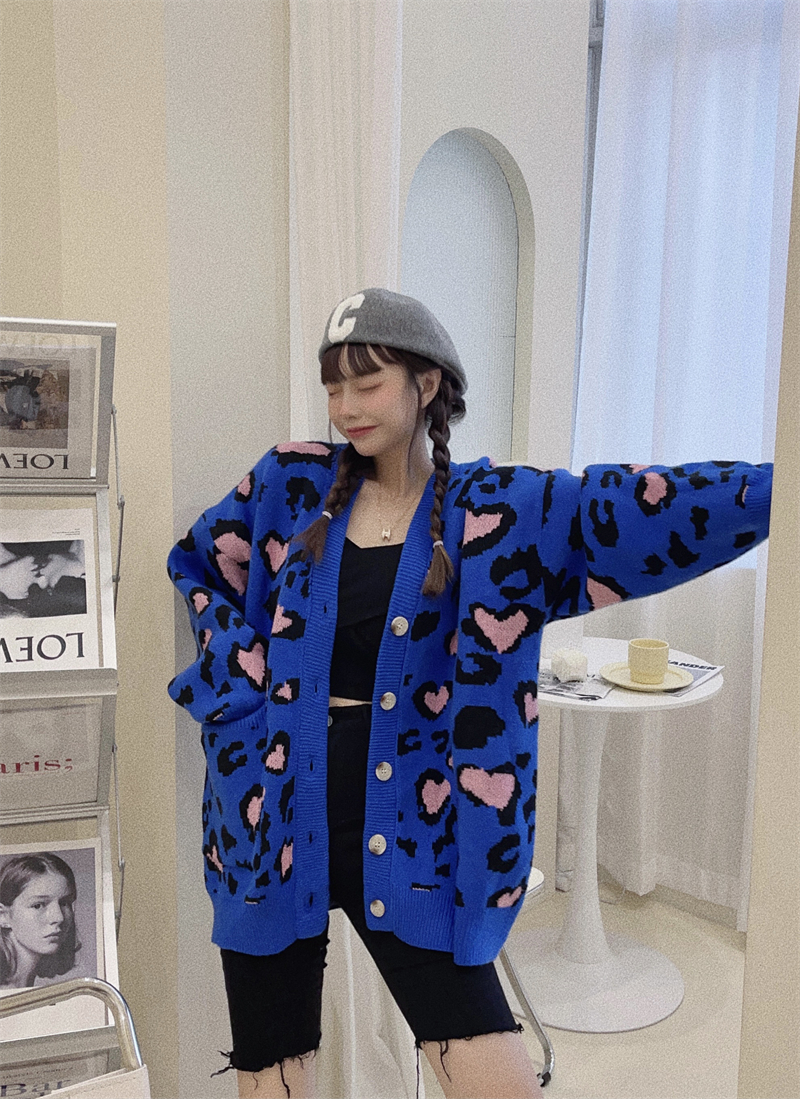 歐洲站慵懶風豹紋毛衣開衫女冬加厚中長款顯瘦長袖甜美愛心針織衫