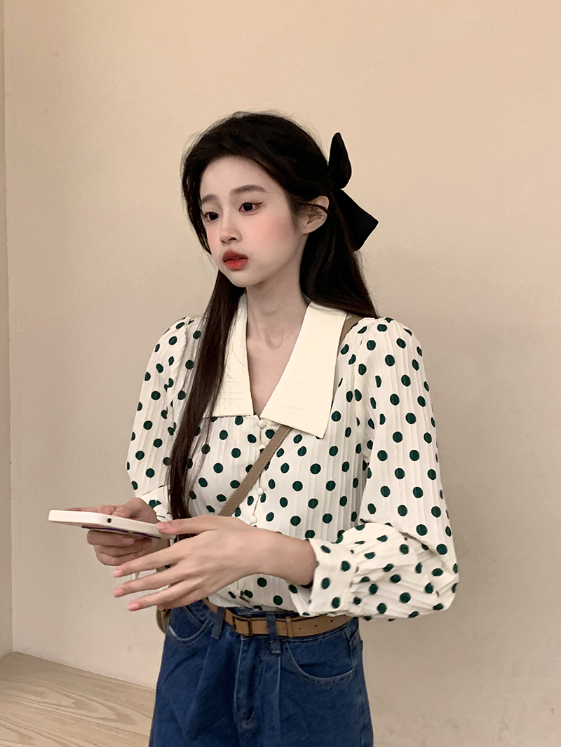 實拍~波點泡泡袖襯衫女秋季設計感小眾法式復古襯衣上衣