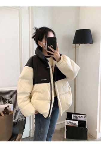 韩系短款羽绒服女2023年新款小众设计感拼色面包服小个子冬季外套