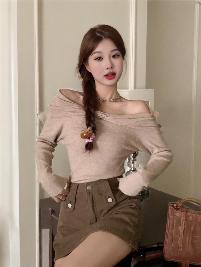 Knotted off-shoulder super skin-friendly soft and waxy thick wool knitted 2023 early autumn new one-shoulder slimming sweater