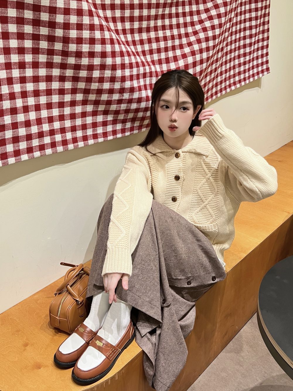 實拍三標齊溫柔風麻花翻領長袖單排扣毛衣外套女