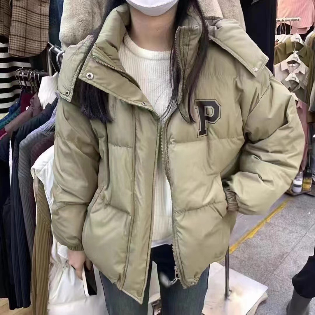 字母P情侶款oversize麵包羽絨棉服女短款學生加厚可拆卸帽外套潮