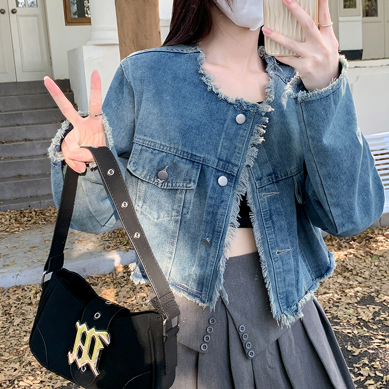 Real shot~Salt denim jacket women's autumn 2023 new style raw edge jacket temperament long-sleeved top