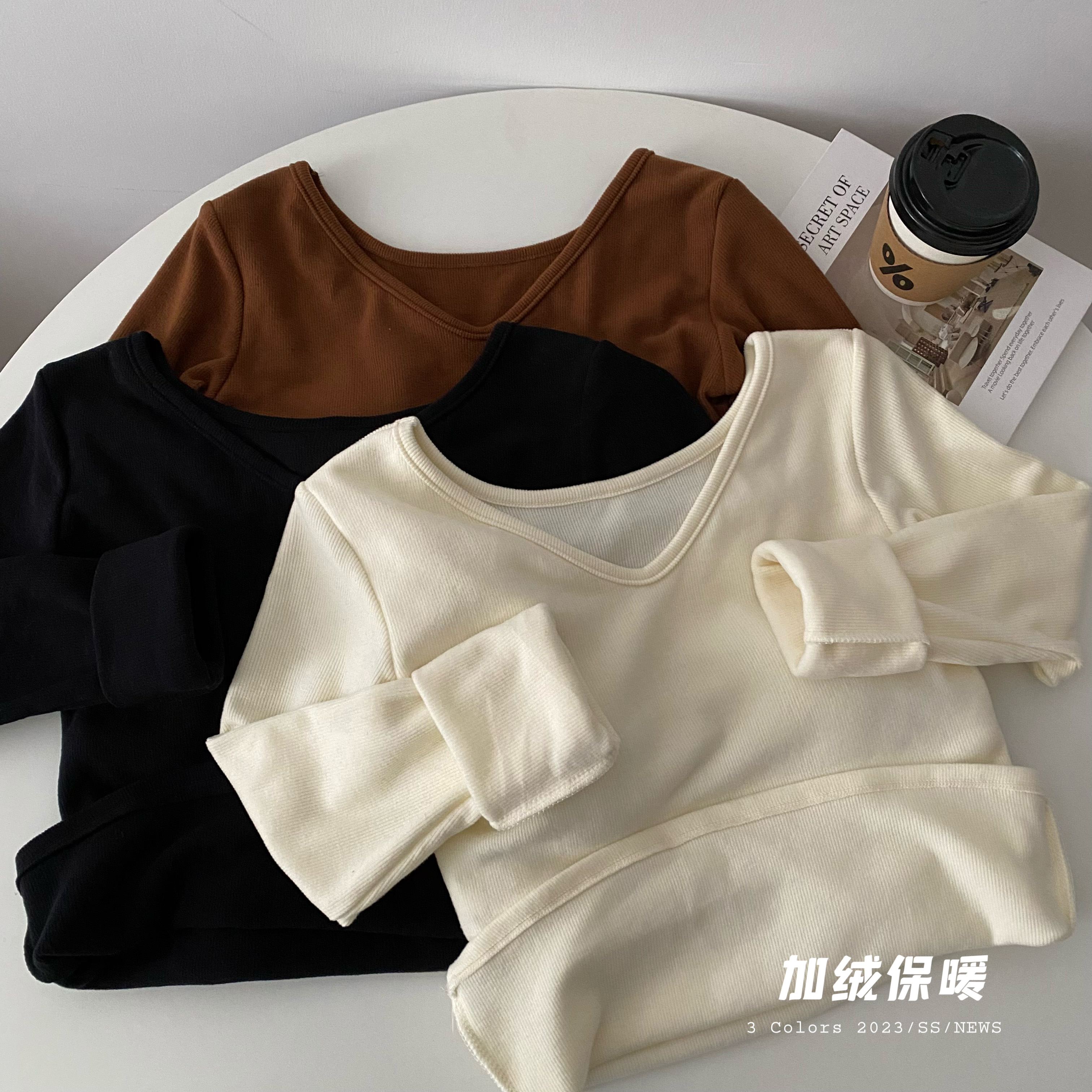 實拍秋冬保暖磨毛加絨加厚V領純色內搭打底衫修身長袖上衣女