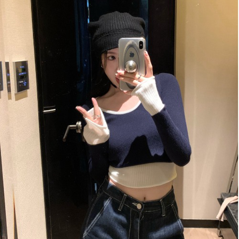 打底衫女秋冬法式氛圍感小眾不撞款撞色緊身顯瘦內搭長袖針織上衣