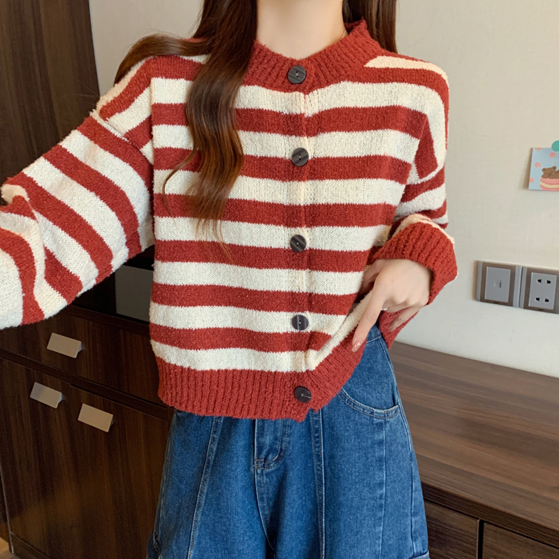 實拍韓系條紋毛衣女秋冬2023新款軟糯圈圈紗小眾設計感開衫上衣潮