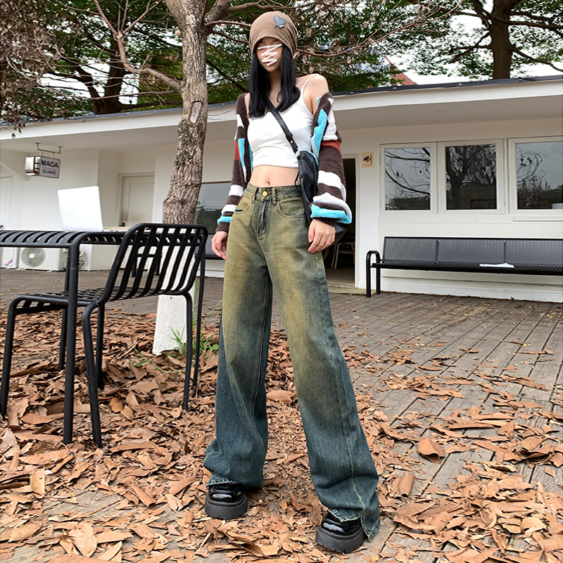 實拍2023秋季時尚美式高街復古闊腿牛仔褲女