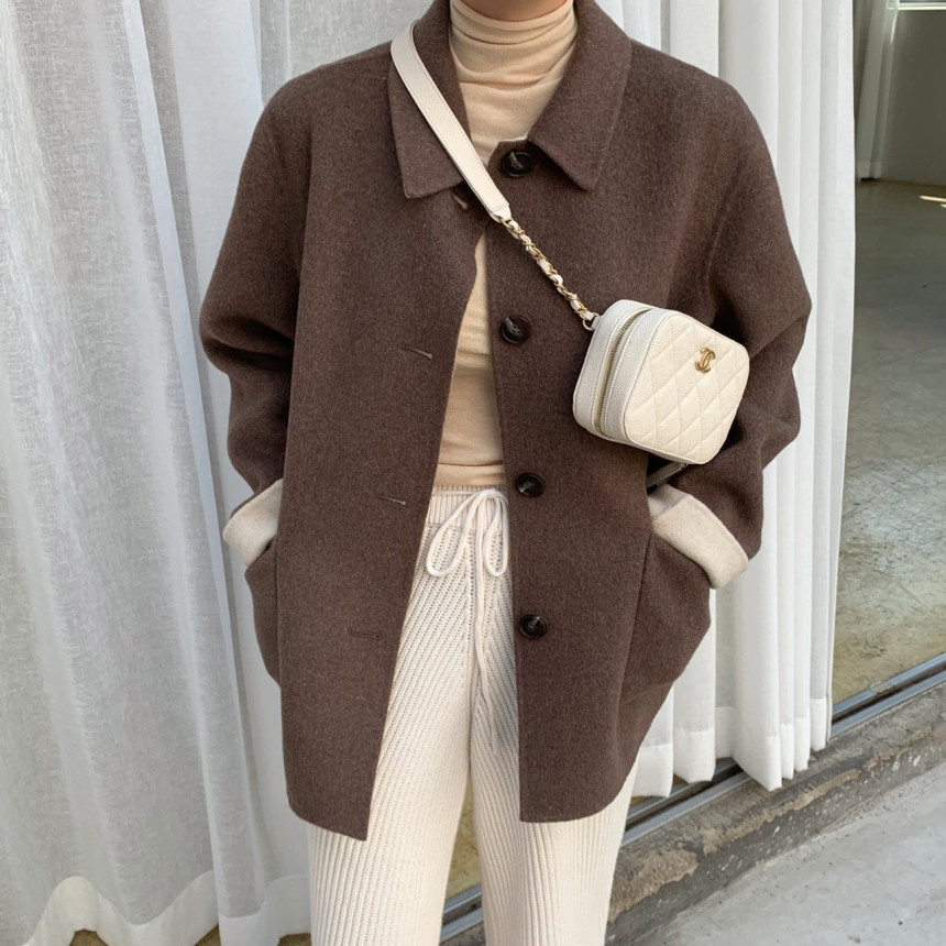 Korean chic autumn and winter new French style lapel single-breasted loose long-sleeved woolen short coat for women