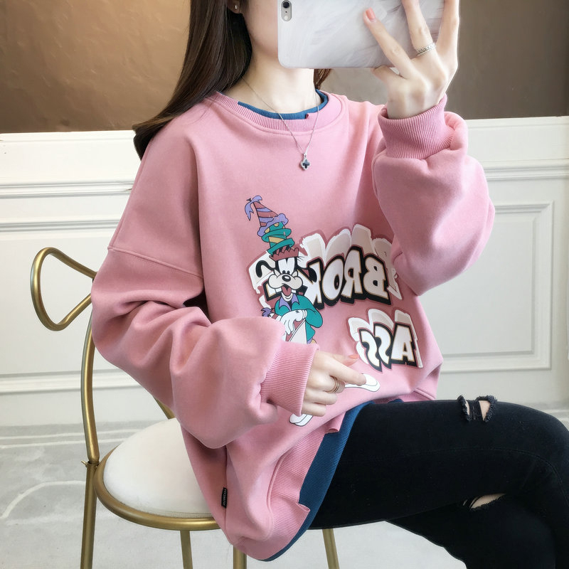 實拍複合330克加絨加厚假兩件衛衣女字母減齡秋冬網紅