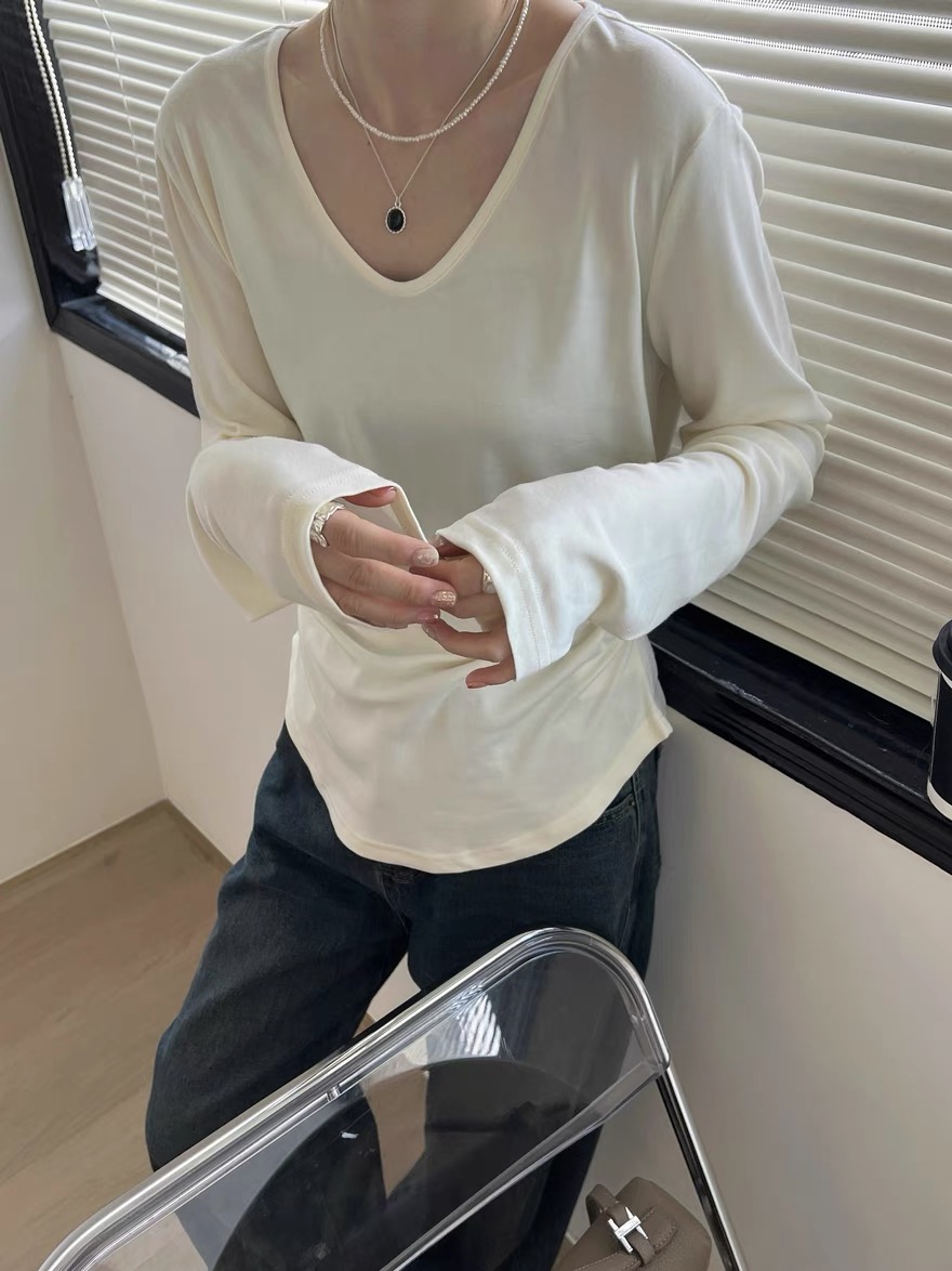 Low round neck pleated design long-sleeved T-shirt women's autumn clothing European station European style lazy style bottoming shirt