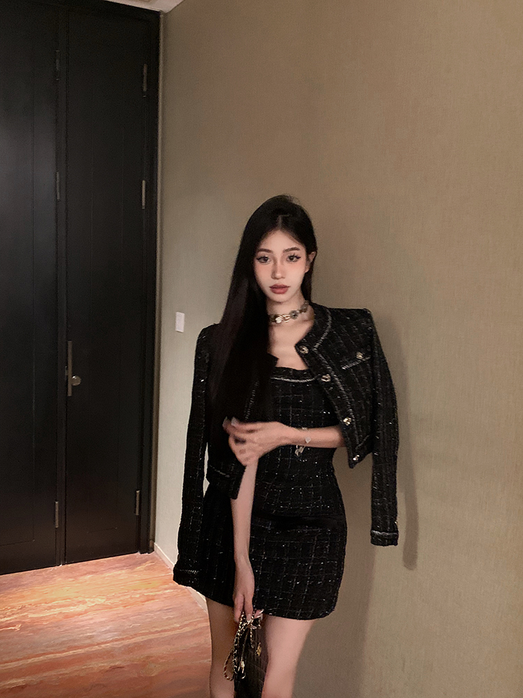 實拍 黑色千金小香風提花高級感短款外套女初秋圓領法式外套