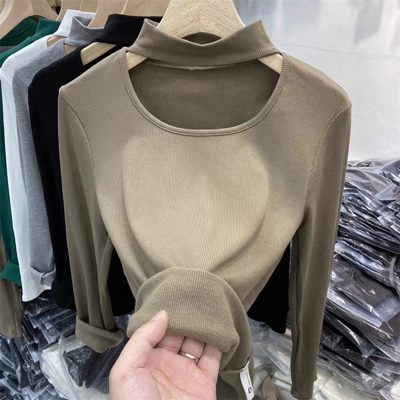 European style hollow halterneck long-sleeved T-shirt for women 2023 autumn and winter new style foreign style inner layering shirt with thick top
