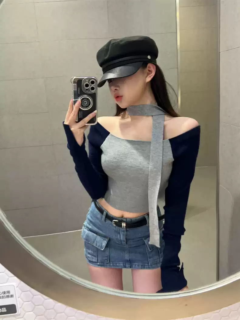 辣妹風設計感撞色一字領長袖針織衫女秋季新款修身顯瘦短款上衣