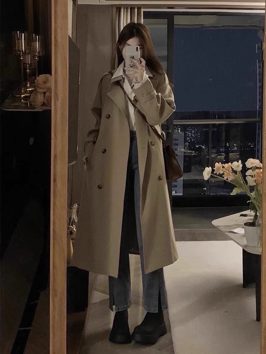 High-end khaki trench coat for women 2023 new autumn and winter this year's popular mid-length coat for small people