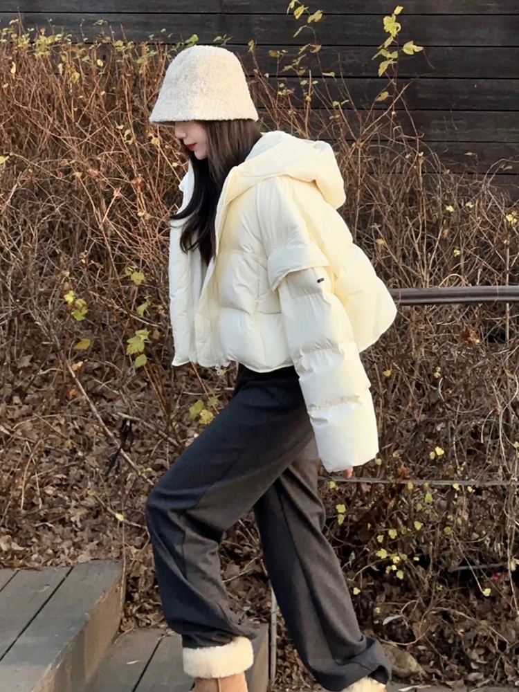 白鴨絨 2023韓系冬季新款羽絨服女ins短款連帽寬鬆大碼麵包服外套