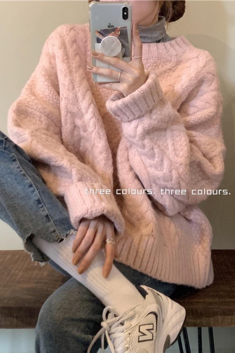 2023早秋韓國復古麻花粉色加厚套頭毛衣女慵懶寬鬆外穿設計感上衣